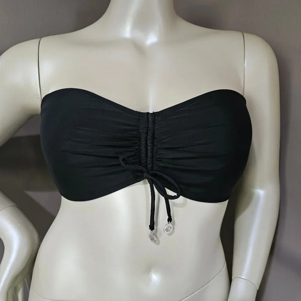 Dkny Bandeau-Style Tie-Front Bikini Top Black Size XL NWOT